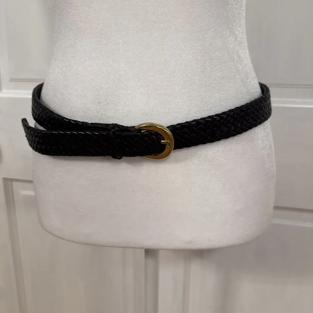 Talbots Braided Stripe Belt Women's M Black Gold-Tone Leather Brass